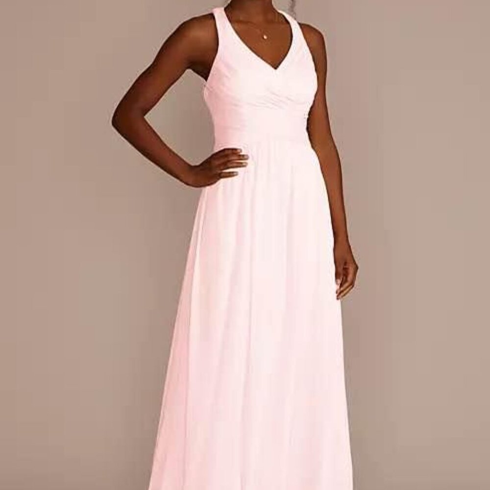 David’s Bridal mesh long bridesmaid dress with crisscross back